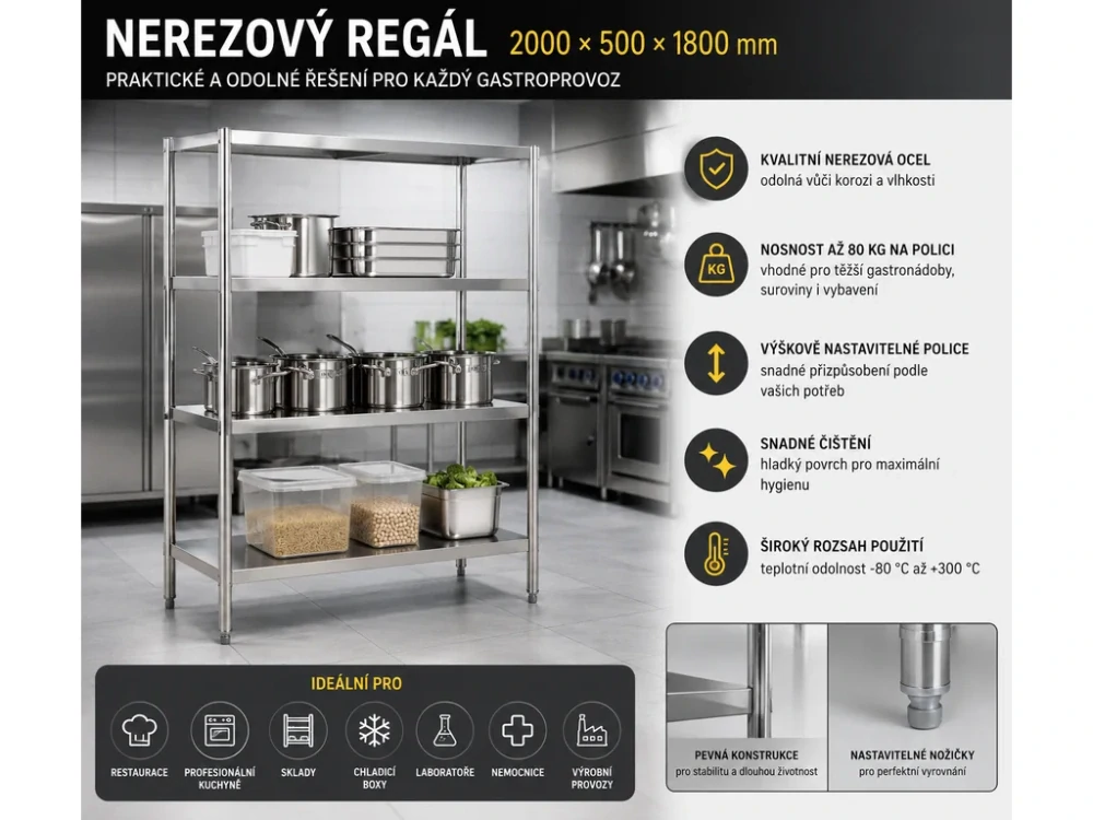 Regál z nerezové oceli 2000 × 500 × 1800 mm