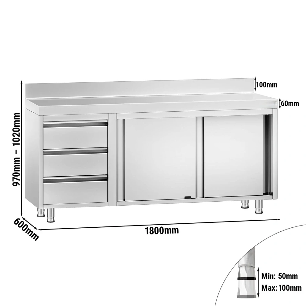 Nerezový pracovní stůl se skříňkou a zásuvkami vlevo 180x60x85cm