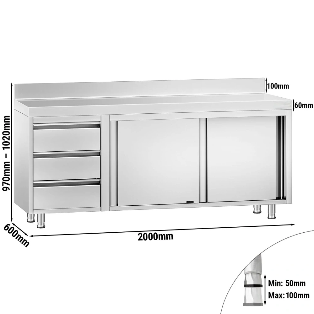 Nerezový pracovní stůl se skříňkou a zásuvkami vlevo 200x60x85cm