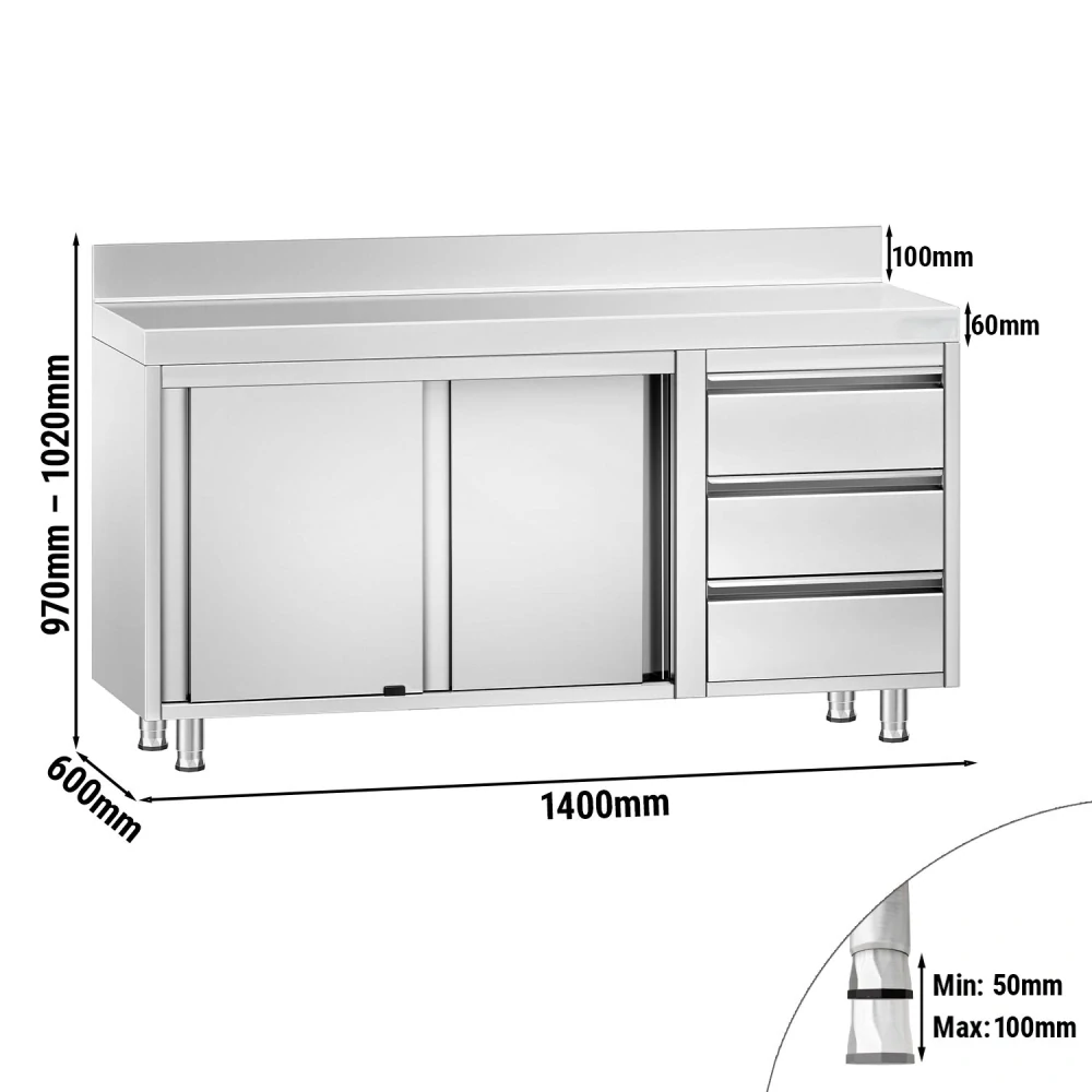 Nerezový pracovní stůl se skříňkou a zásuvkami vpravo 140x60x85cm