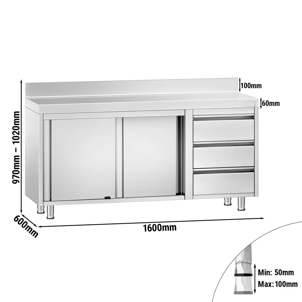 Nerezový pracovní stůl se skříňkou a zásuvkami vpravo 160x60x85cm