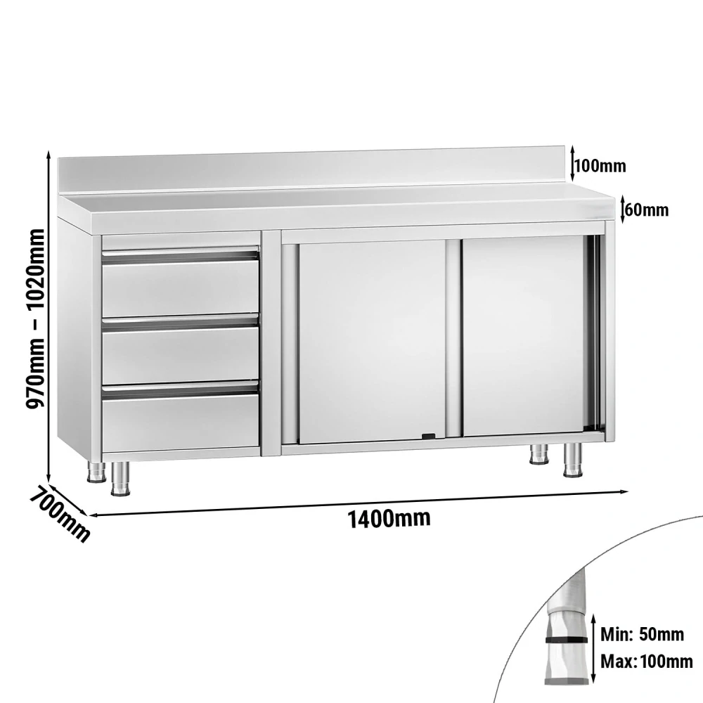 Nerezový pracovní stůl se skříňkou a zásuvkami vlevo 140x70x85cm