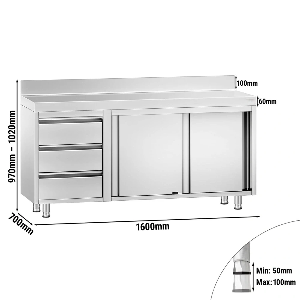 Nerezový pracovní stůl se skříňkou a zásuvkami vlevo 160x70x85cm