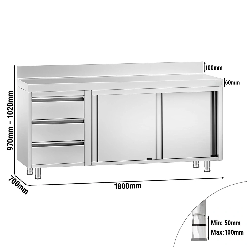 Nerezový pracovní stůl se skříňkou a zásuvkami vlevo 200x70x85cm