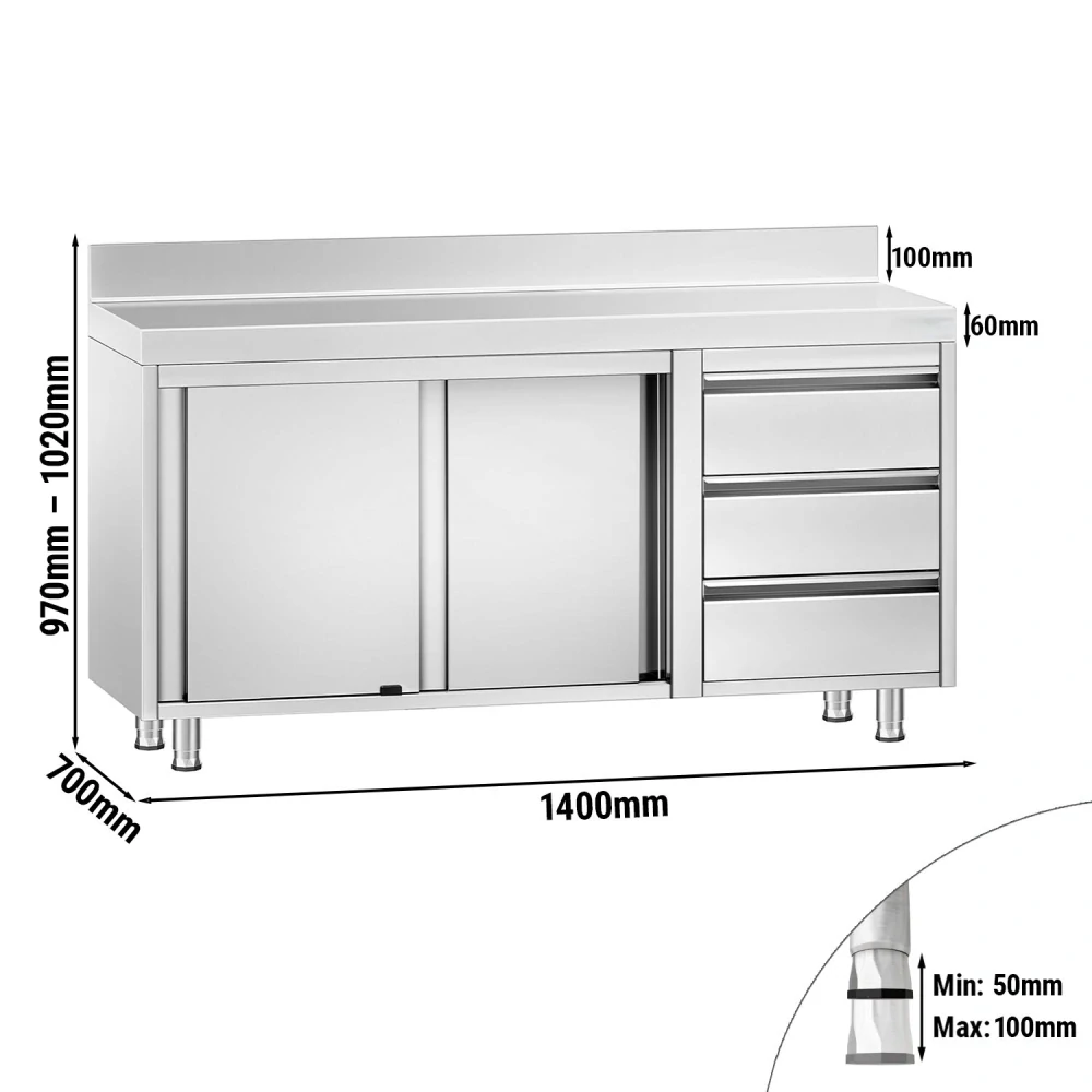 Nerezový pracovní stůl se skříňkou a zásuvkami vpravo 140x70x85cm