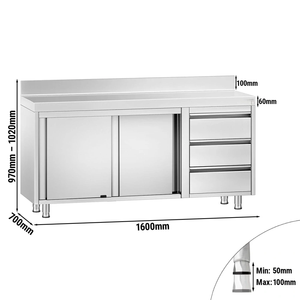 Nerezový pracovní stůl se skříňkou a zásuvkami vpravo 160x70x85cm