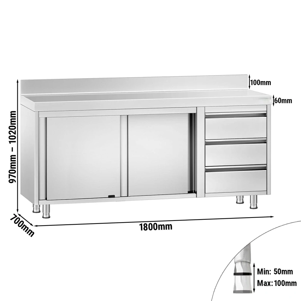 Nerezový pracovní stůl se skříňkou a zásuvkami vpravo 180x70x85cm