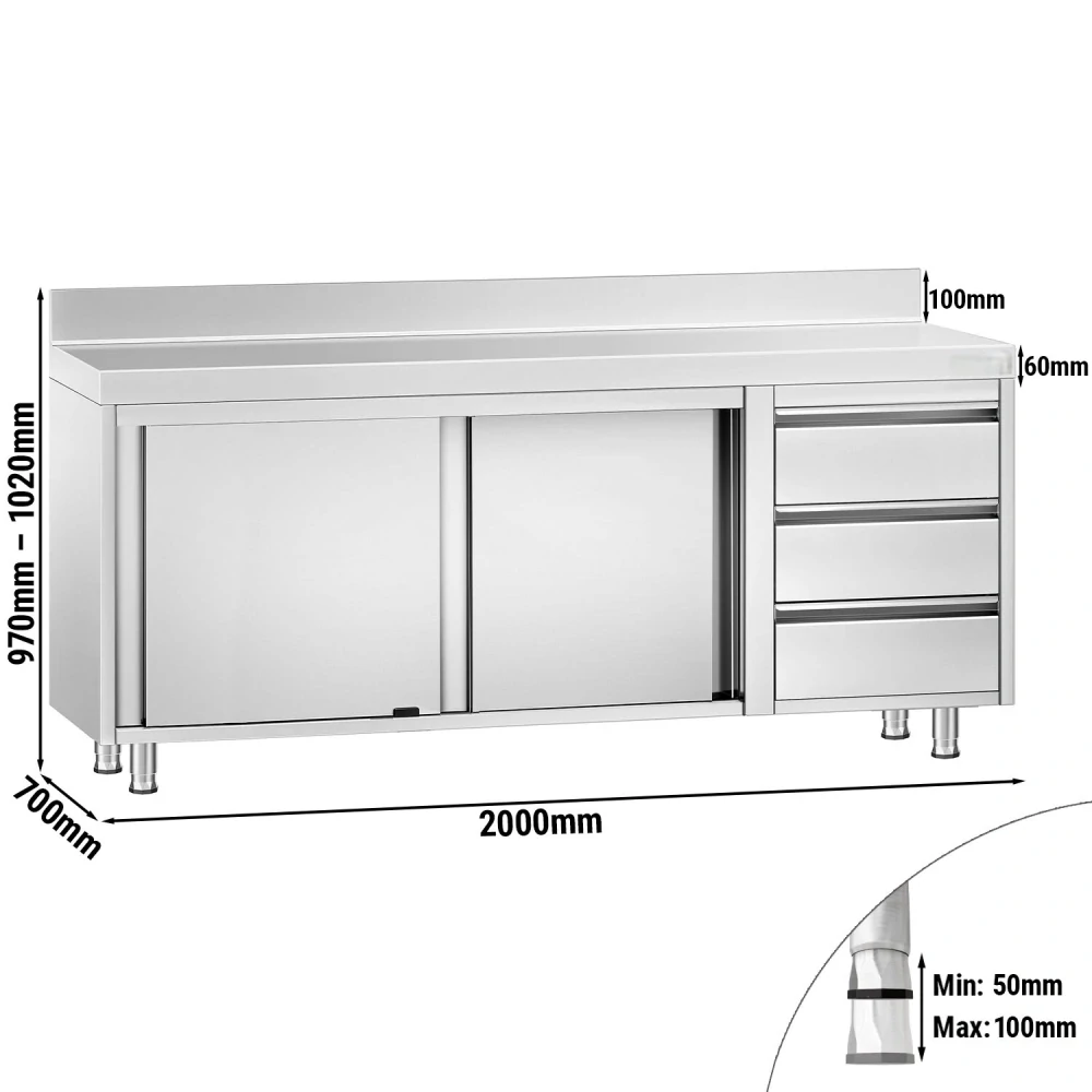 Nerezový pracovní stůl se skříňkou a zásuvkami vpravo 200x70x85cm