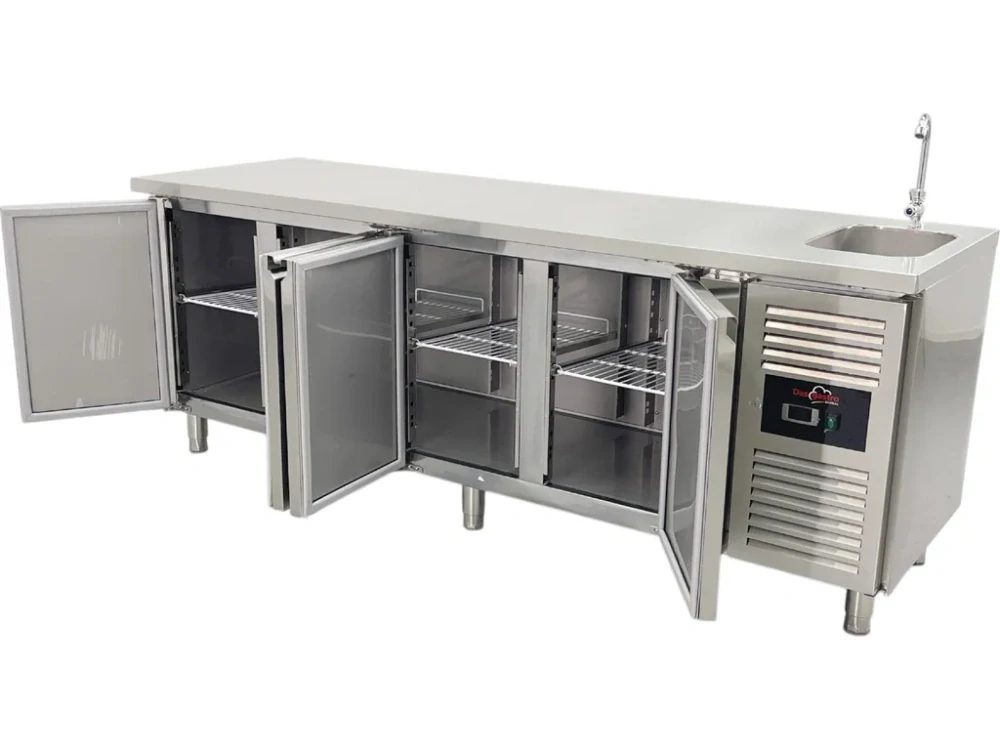 Chladicí stůl - 2 230 x 700 mm - s dřezem a se 4 dvířky