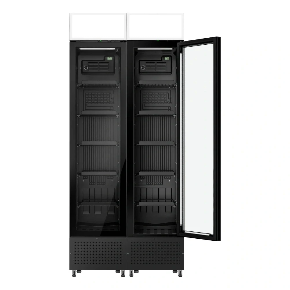 (2 kusy) Komerční chladnička na nápoje PREMIUM – bezrámová – 290 l – 2 skleněné dveře a reklamní displej