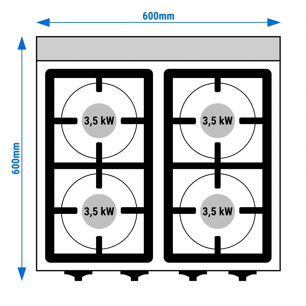 Plynový sporák - 4 hořáky (14 KW) s pilotním plamenem - vč. spodního dílu s 1 dveřmi