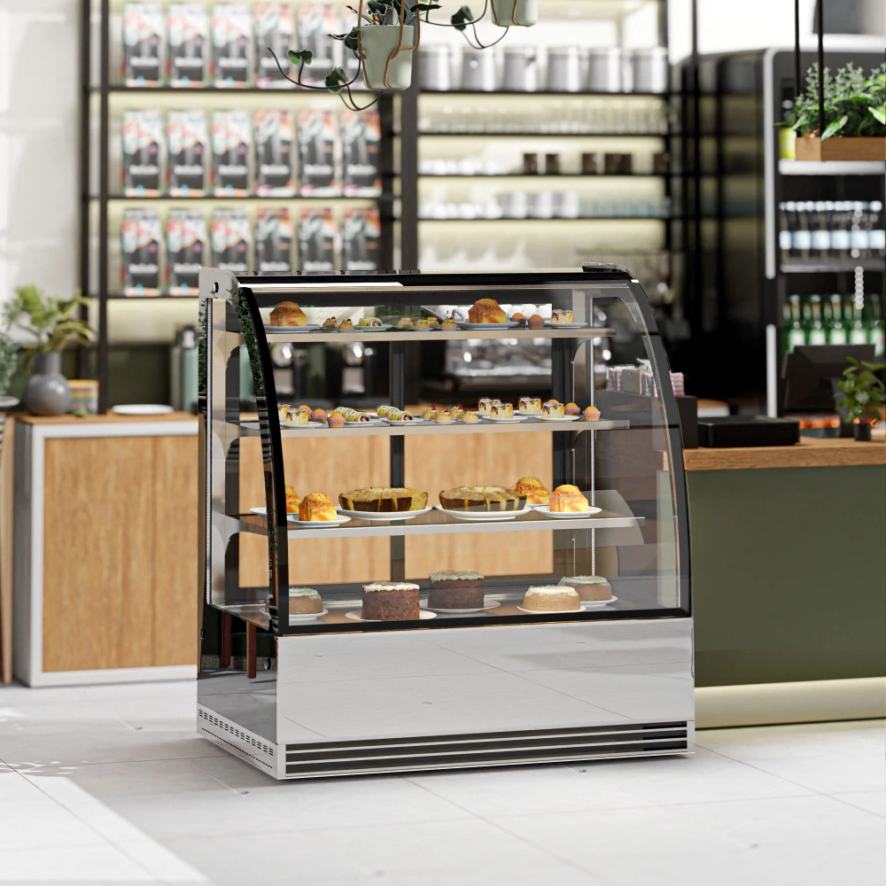 Cukrárenský pult - obslužná - pro dorty - 414 l - 1 200 mm - dvojité zasklení - 2 posuvné skleněné dveře - s 3 policemi