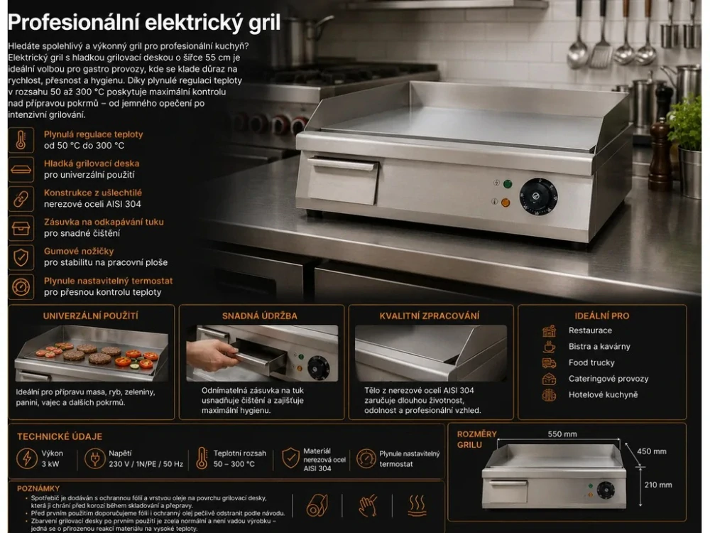 Elektrická grilovací deska 550 mm, 3kW