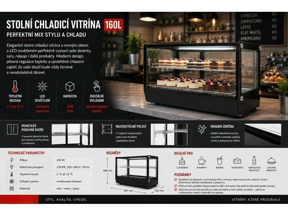 Stolní chladící vitrína - 160L - černá