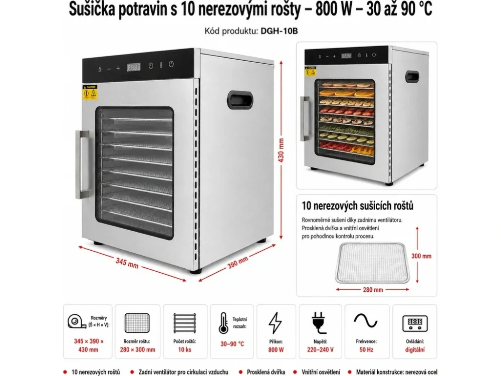 Sušička potravin s 10 nerezovými rošty – 800 W – 30 až 90 °C