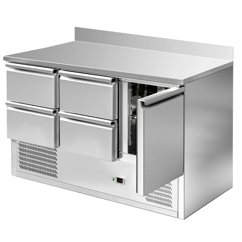 Chladicí stůl ECO - 1370x700 mm - s 1 dveřmi - 4 zásuvkami - se zadní lištou