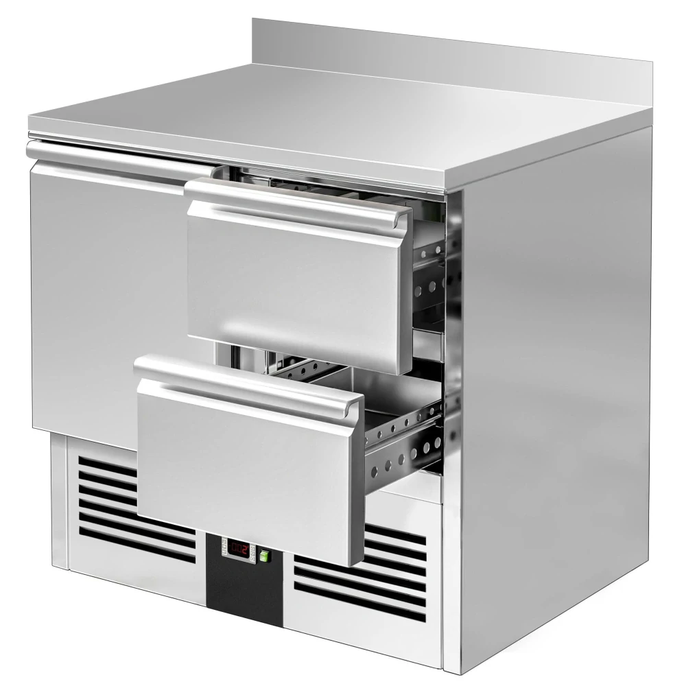 Chladicí stůl PREMIUM - 900x700 mm - s 1 dveřmi - s 2 zásuvkami - zadní lištou
