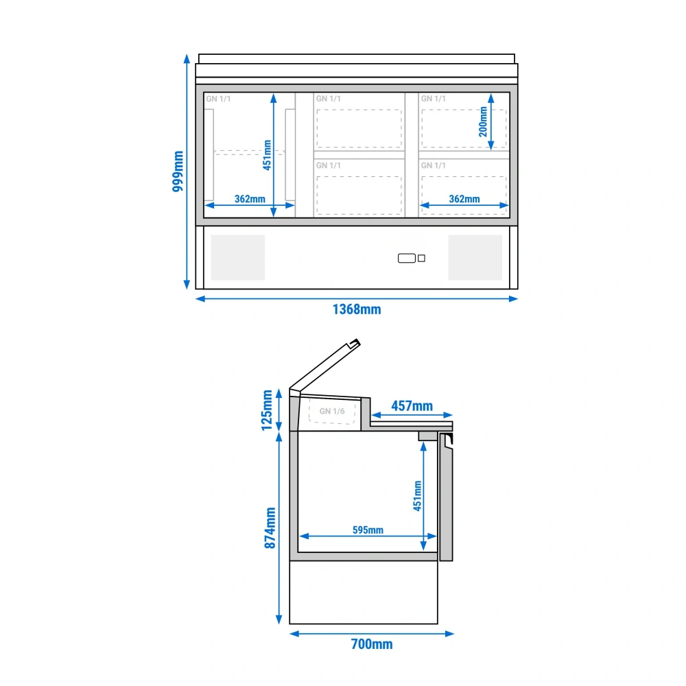 Přípravný stůl Mini PREMIUM - 1368 mm - 1 dveře & 4 zásuvky - pro 8× GN 1/6