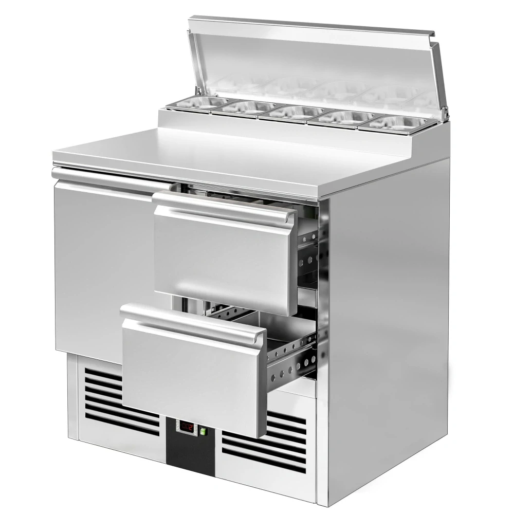Přípravný stůl Mini PREMIUM - 900 mm - 1 dveře & 2 zásuvky - pro 5× GN 1/6