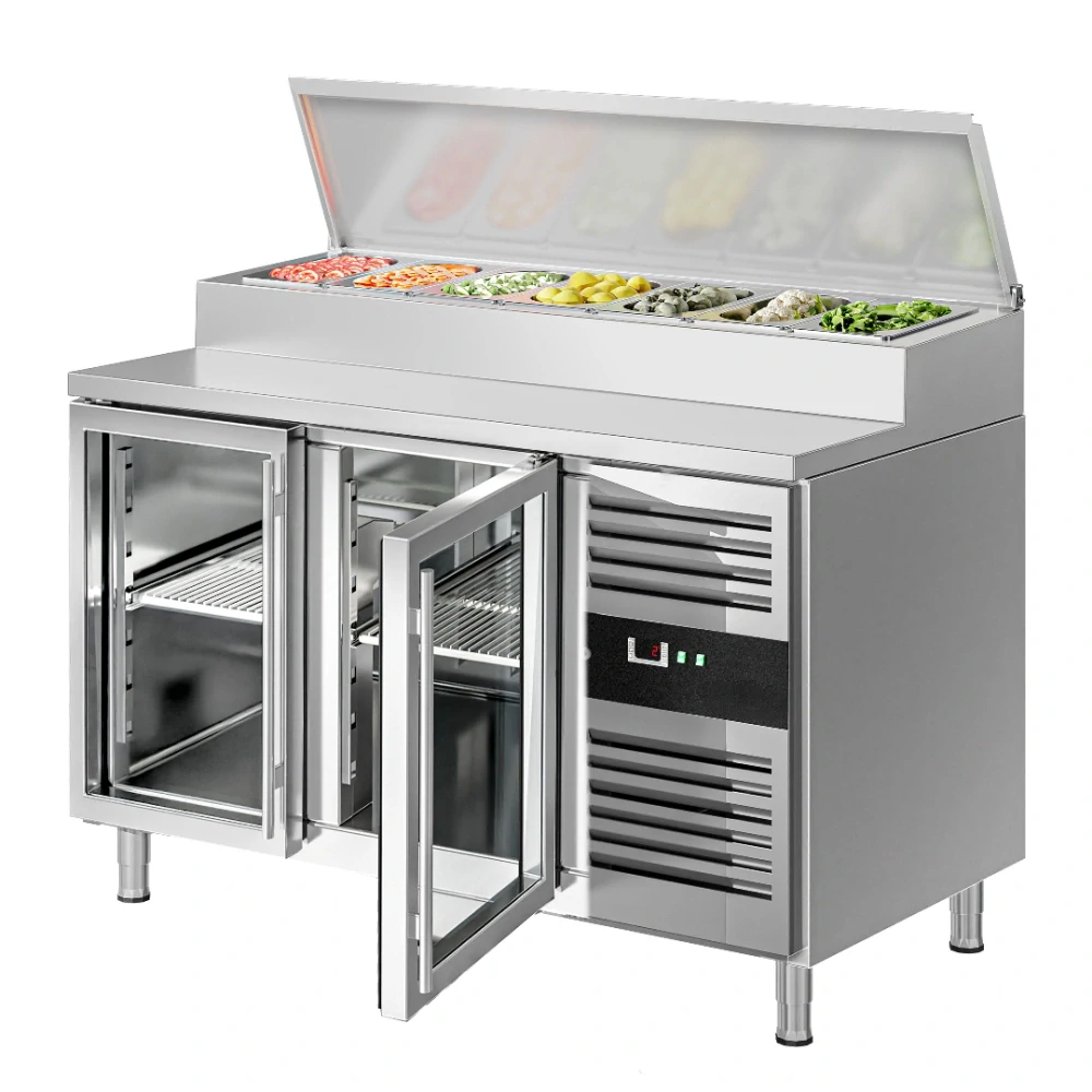 Přípravný stůl PREMIUM - 1360 mm - 2 skleněné dveře - pro 7× GN 1/3