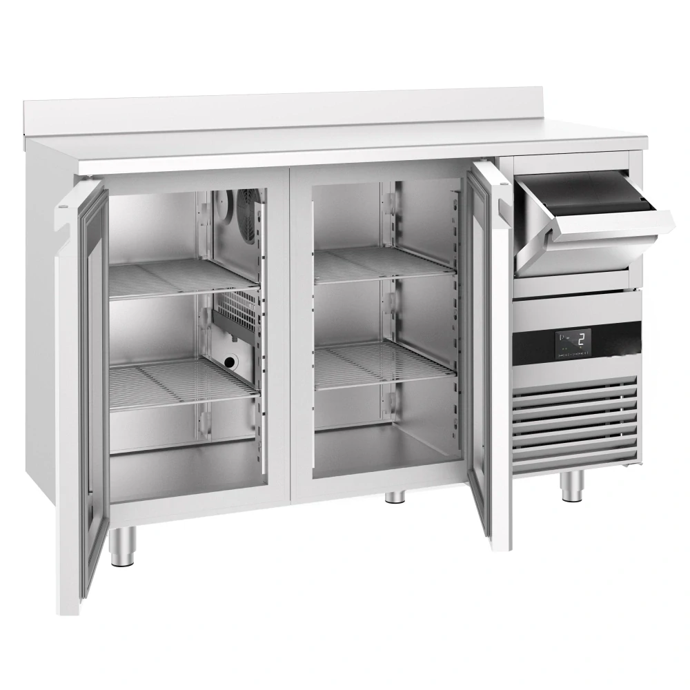 Barový chladicí stůl PREMIUM - 1580x600 mm - se 2 skleněnými dveřmi, zadní lištou & odklepávačem na kávu