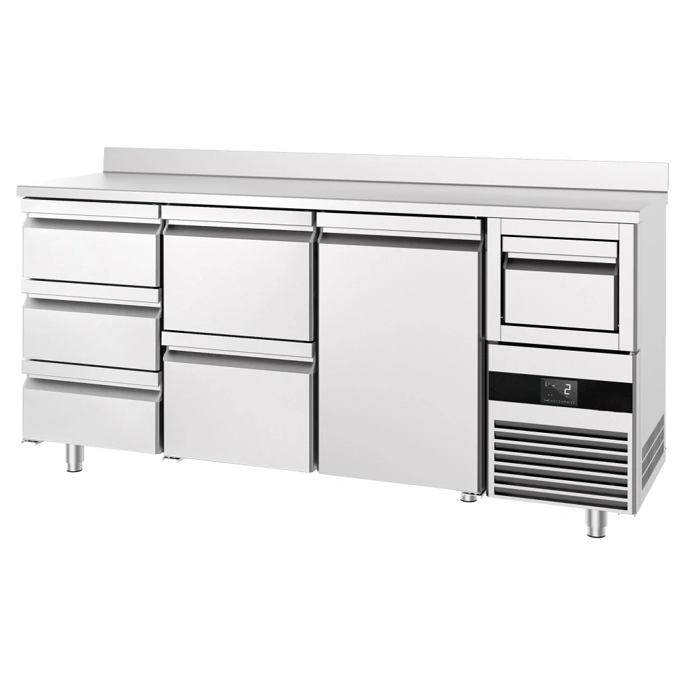 Barový chladicí stůl PREMIUM - 2130x600 mm - s 1 dveřmi, 5 zásuvkami, zadní lištou & odklepávačem na kávu