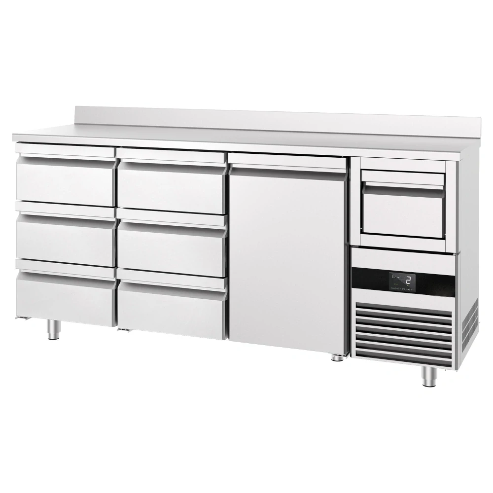 Barový chladicí stůl PREMIUM - 2130x600 mm - s 1 dveřmi, 6 zásuvkami, zadní lištou & odklepávačem na kávu
