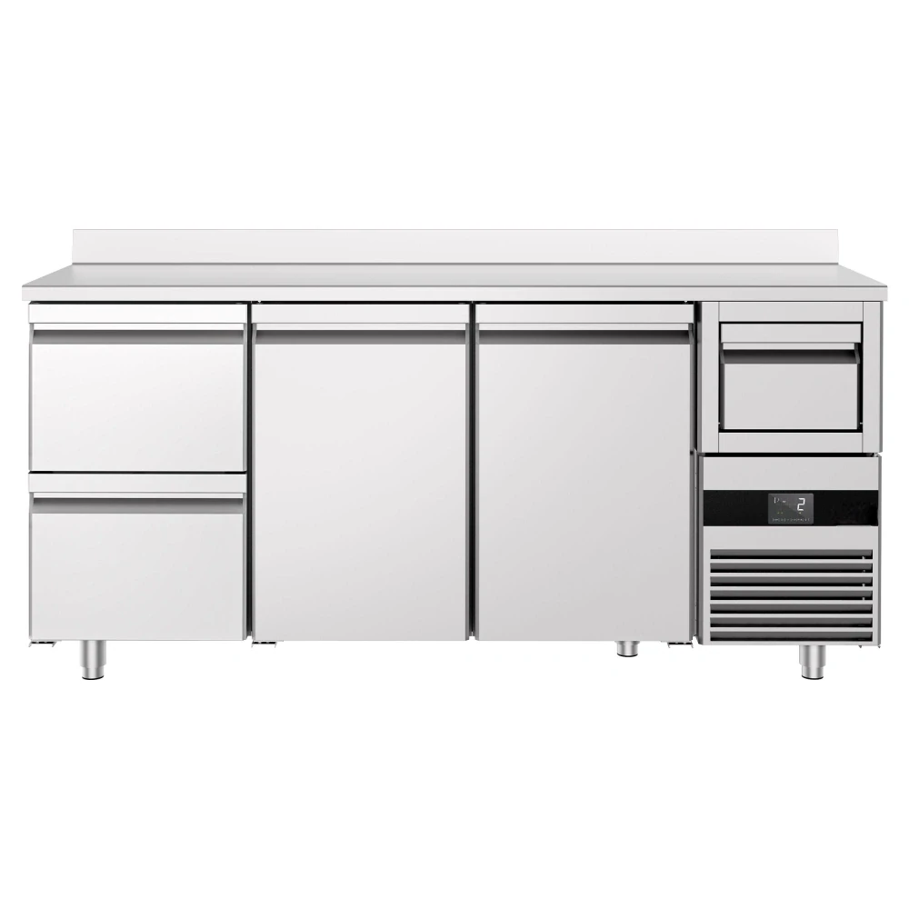 Barový chladicí stůl PREMIUM - 2130x600 mm - se 2 dveřmi, 2 zásuvkami, zadní lištou & odklepávačem na kávu