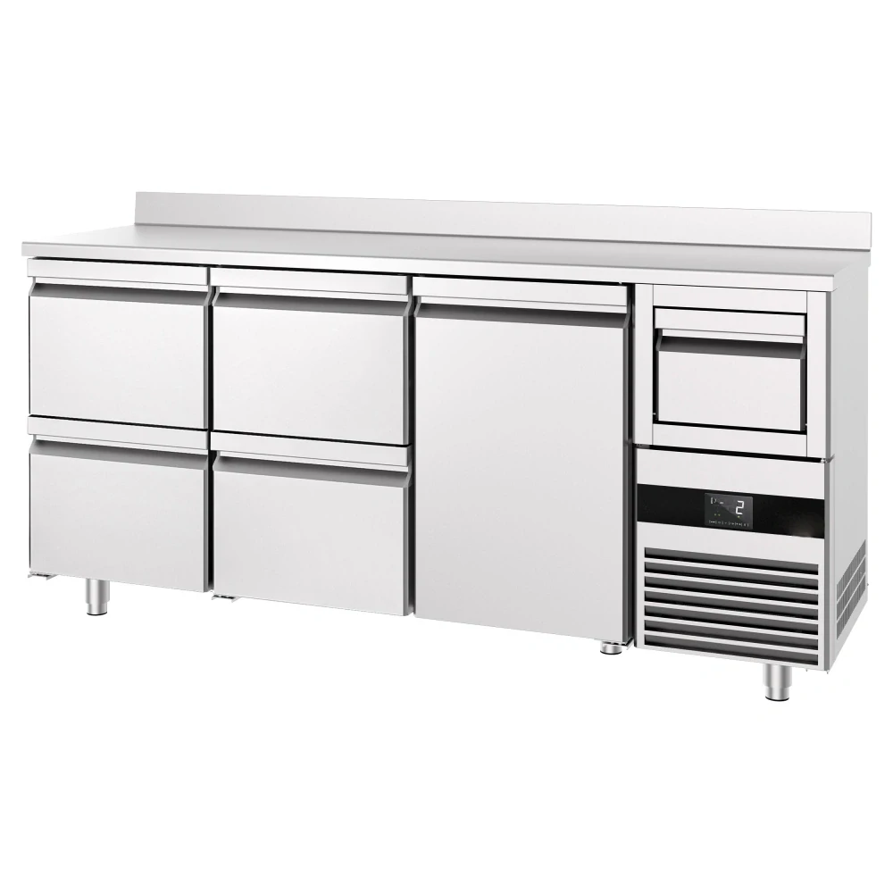Barový chladicí stůl PREMIUM - 2135x600 mm - s 1 dveřmi, 4 zásuvkami, zadní lištou & odklepávačem na kávu