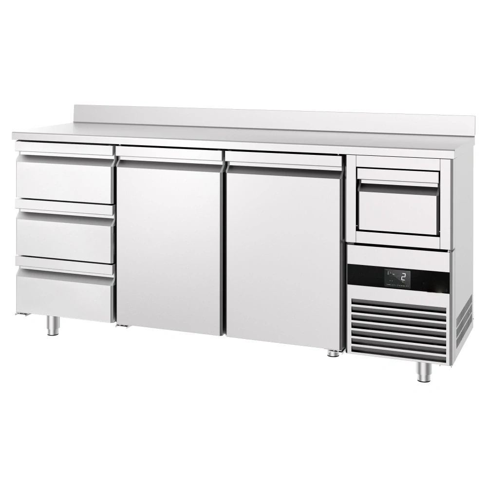 Barový chladicí stůl PREMIUM - 2135x600 mm - se 2 dveřmi, 3 zásuvkami, zadní lištou & vyklepávačem na kávu