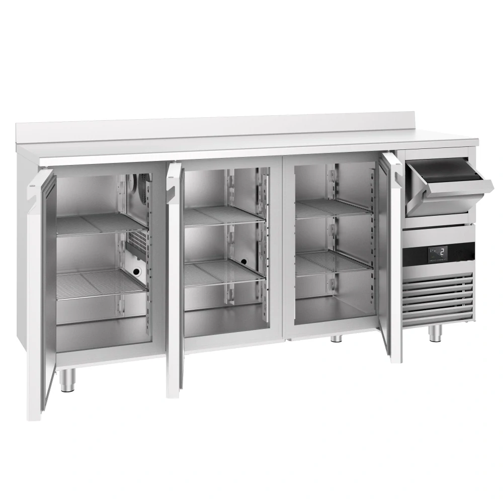 Barový chladicí stůl PREMIUM - 2135x600 mm - se 3 dveřmi, zadní lištou & odklepávačem na kávu