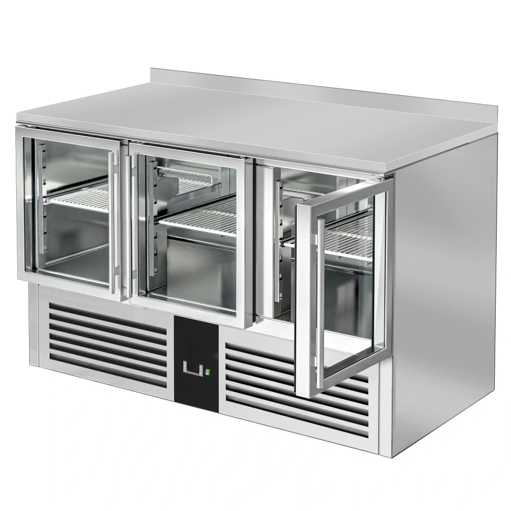 Chladicí stůl PREMIUM - 1370x700 mm - 3 skleněné dveře - zadní lišta