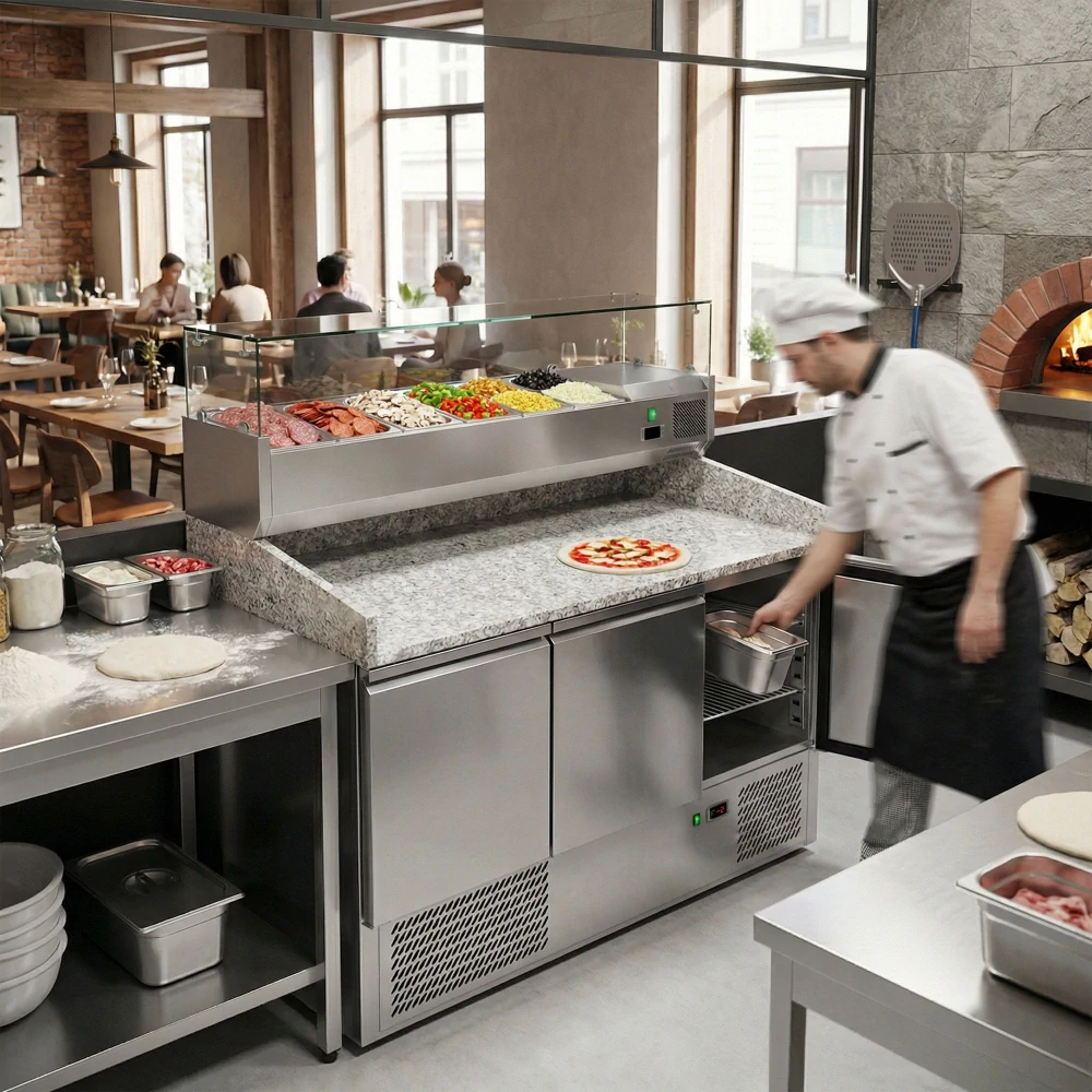 Chladicí stůl na pizzu ECO - 1400x700 mm - se 3 dveřmi - se žulovou pracovní deskou - vč. chladicí nástavbové vitríny - 6x GN 1/4