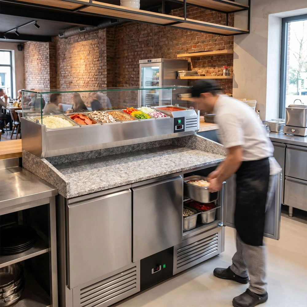Chladicí stůl na pizzu PREMIUM - 1400x700 mm - se 3 dveřmi - vč. chladicí nástavbové vitríny - 6x GN 1/4 - se žulovou pracovní deskou