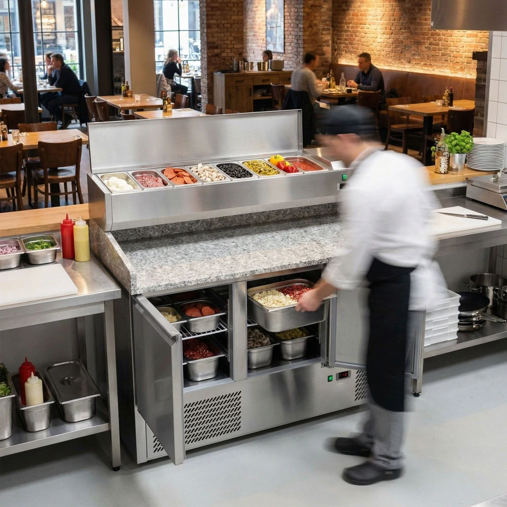 Chladicí stůl na pizzu ECO - 1400x700 mm - se 3 dveřmi - se žulovou pracovní deskou - vč. chladicí nástavbové vitríny - 6x GN 1/4