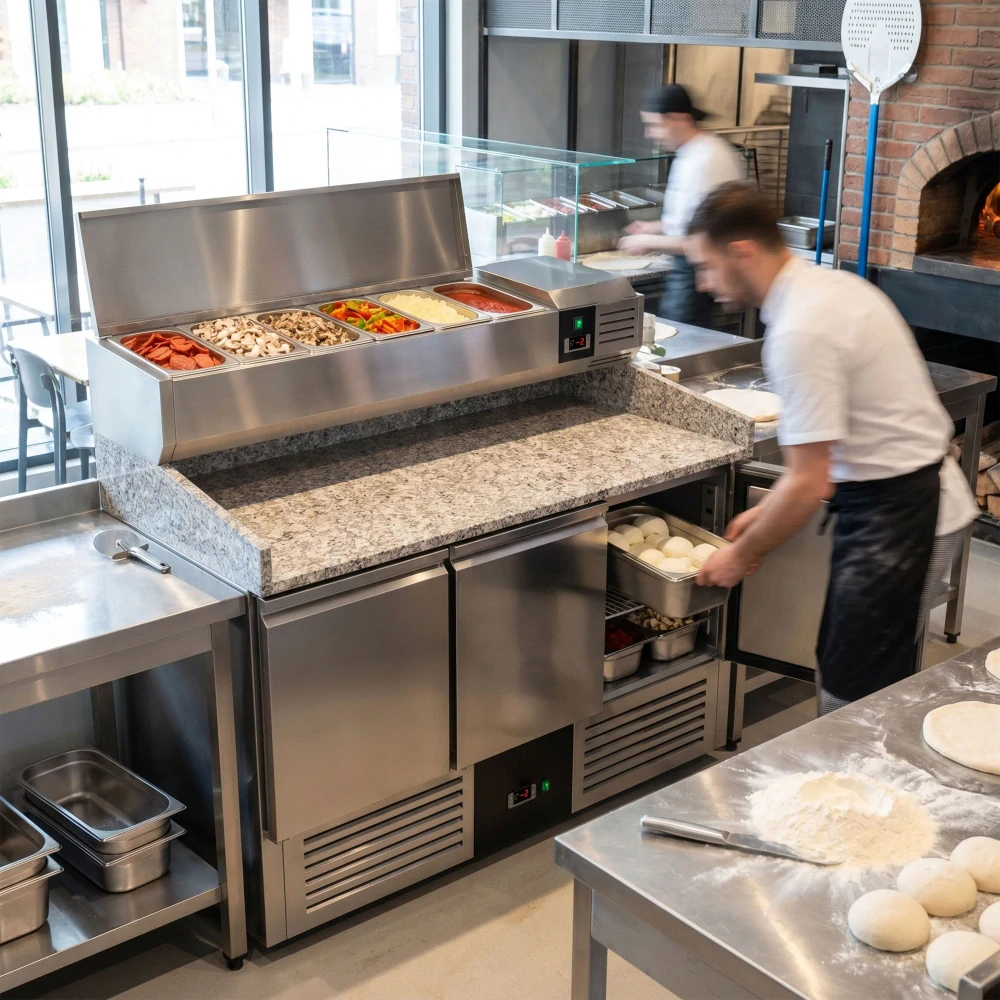 Chladicí stůl na pizzu PREMIUM - 1400x700 mm - se 3 dveřmi - se žulovou pracovní deskou - vč. chladicí nástavbové vitríny - 6x GN 1/4