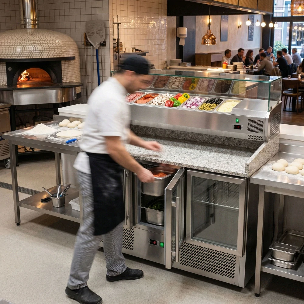 Chladicí stůl na pizzu ECO - 1400x700 mm - se 3 dveřmi - se žulovou pracovní deskou - vč. chladicí nástavbové vitríny - 6x GN 1/4 - se skleněným krytem