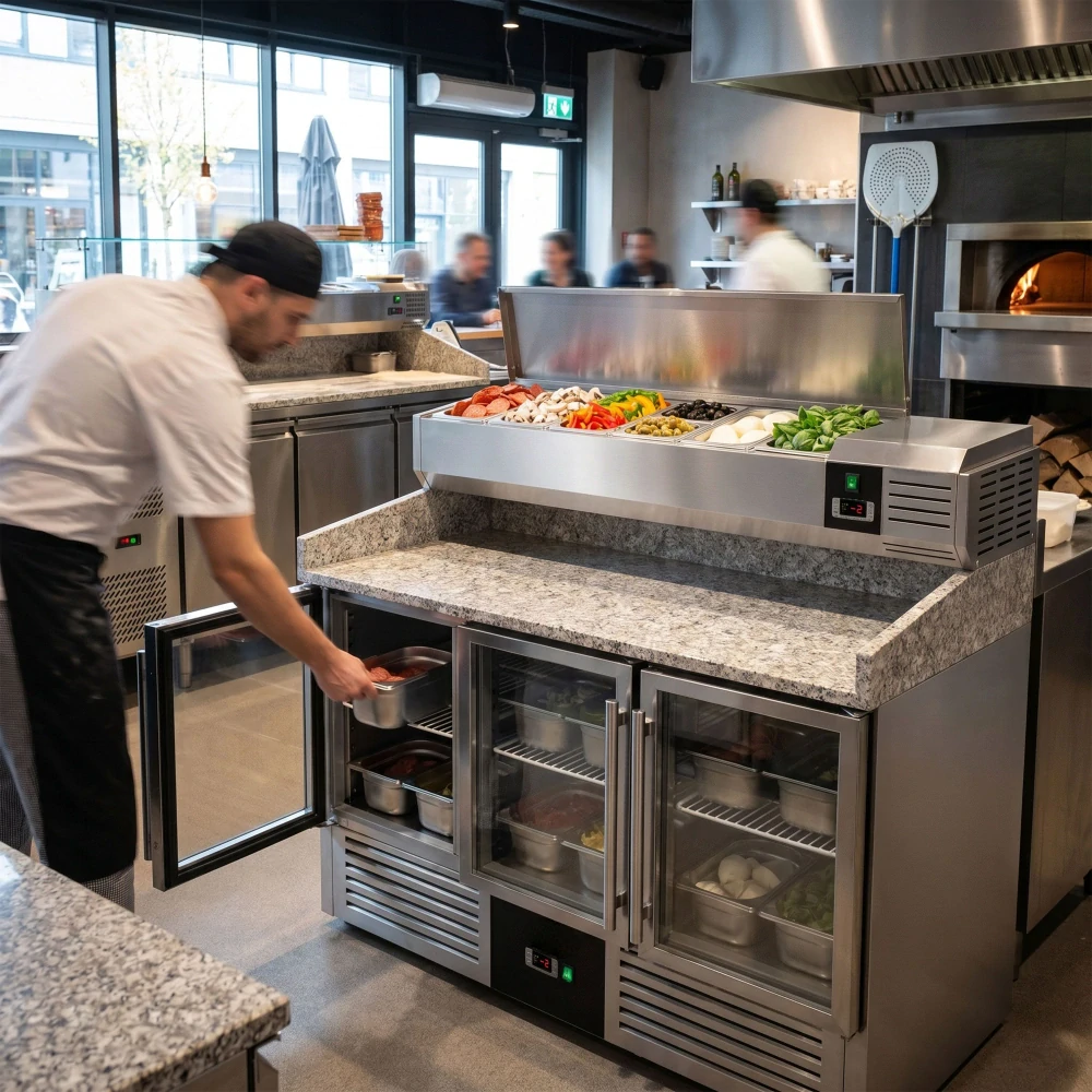 Chladicí stůl na pizzu PREMIUM - 1400x700 mm - se 3 dveřmi - se žulovou pracovní deskou - vč. chladicí nástavbové vitríny - 6x GN 1/4