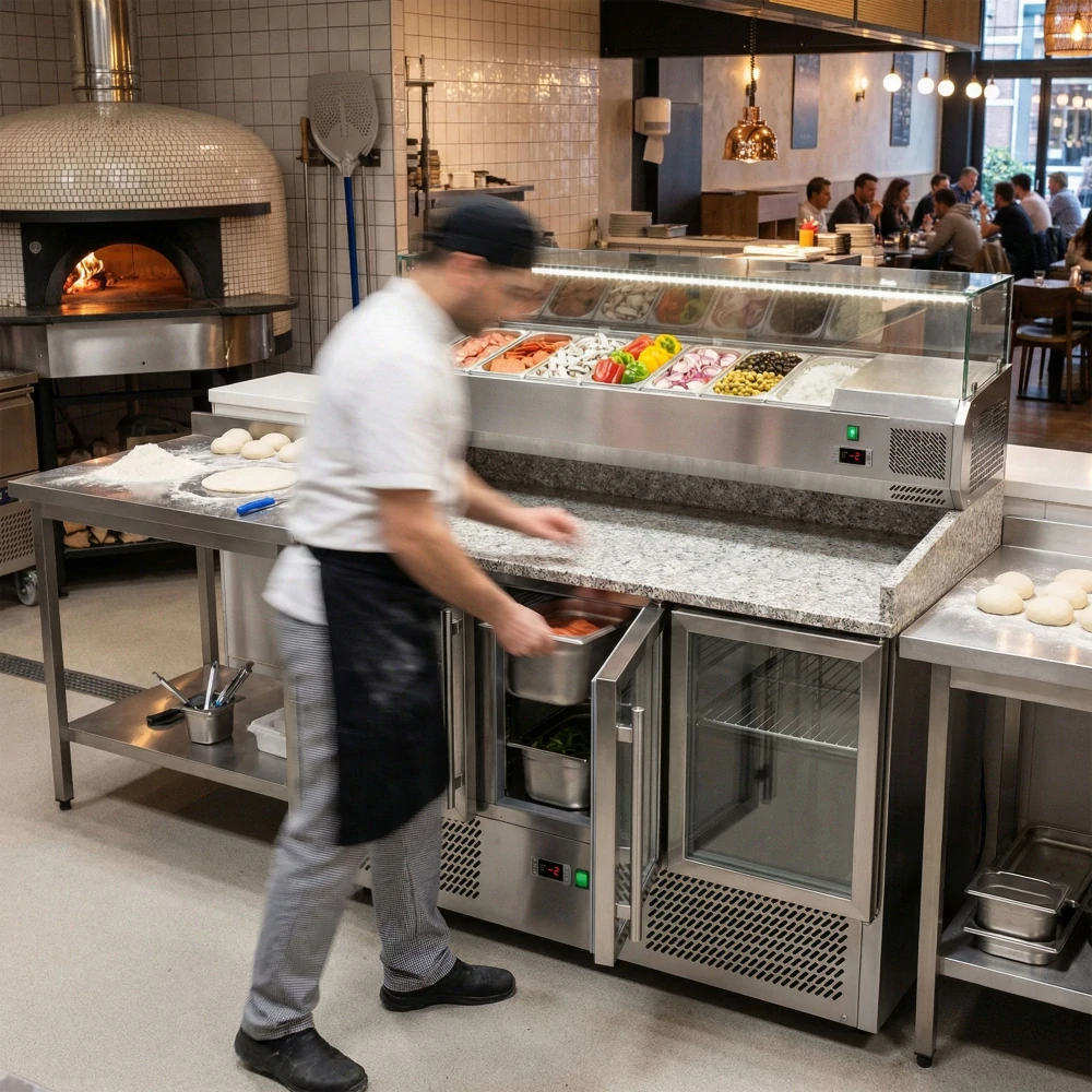 Chladicí stůl na pizzu ECO - 1400x700 mm - se 3 dveřmi - vč. chladicí nástavbové vitríny s LED osvětlením - 6x GN 1/4 - se žulovou pracovní deskou