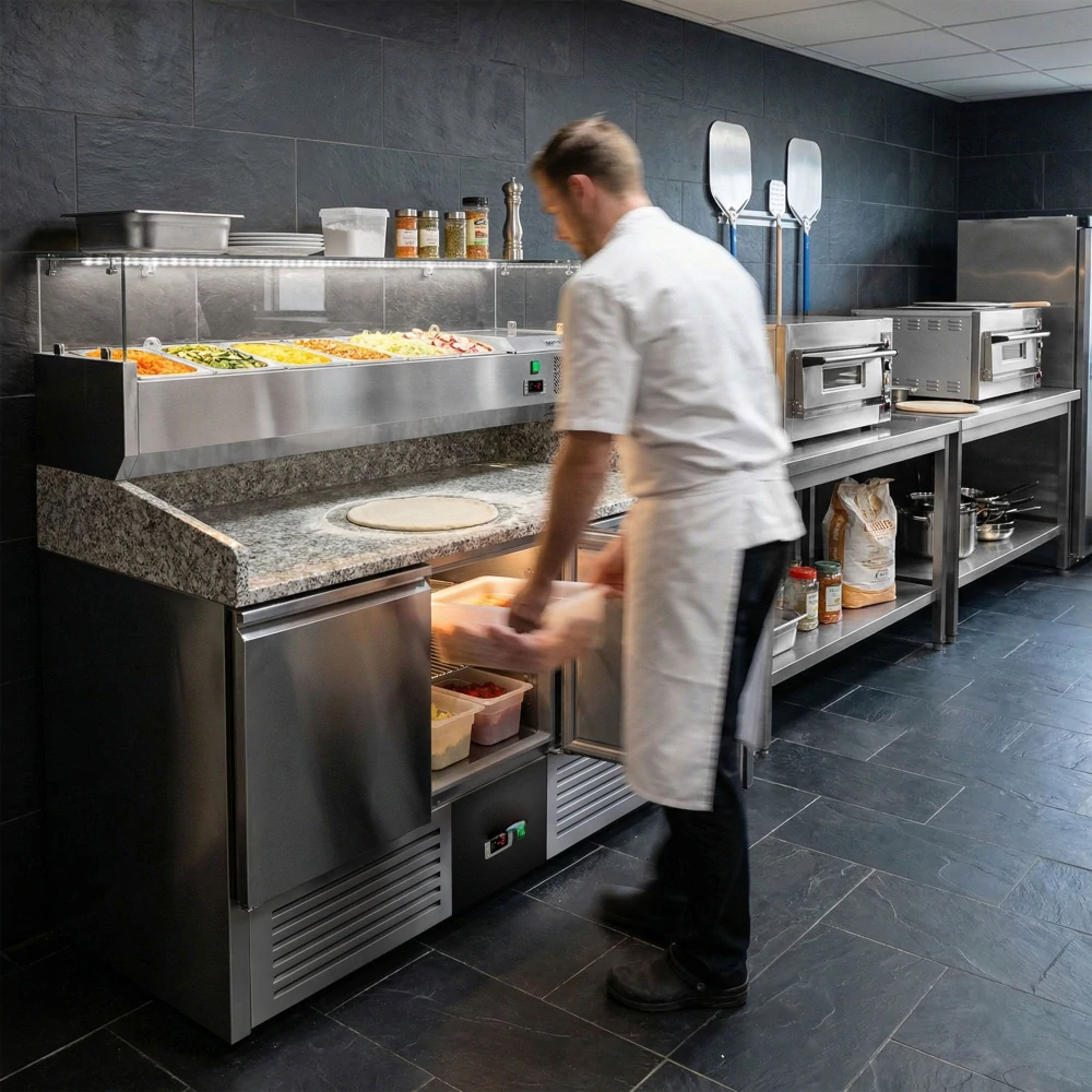 Chladicí stůl na pizzu PREMIUM - 1400x700 mm - se 3 dveřmi - se žulovou pracovní deskou - vč. chladicí nástavbové vitríny s LED osvětlením - 6x GN 1/4