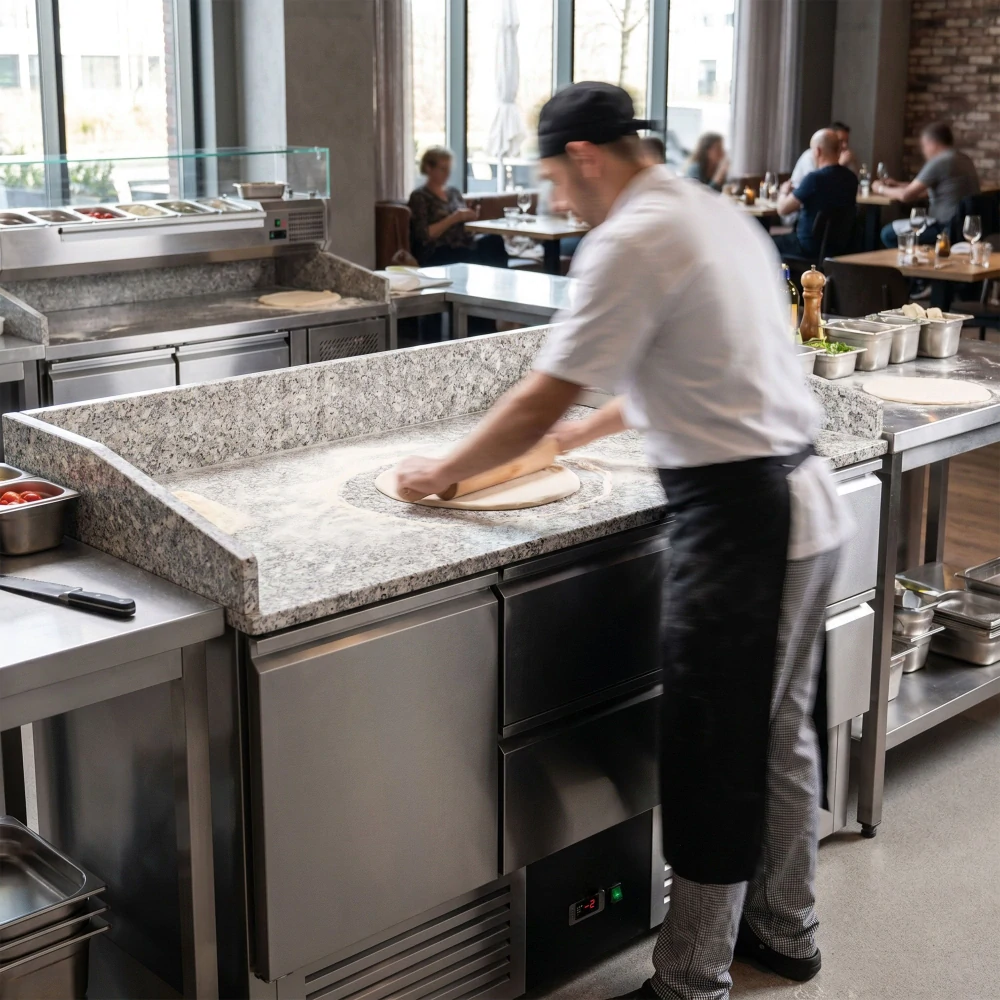 Chladicí stůl na pizzu PREMIUM - 1400x700 mm - se 1 dveřmi a 4 zásuvkami - se žulovou pracovní deskou