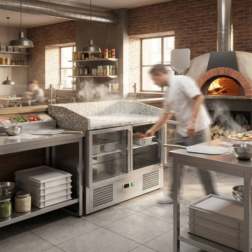 Chladicí stůl na pizzu ECO - 935x700 mm - se 2 dveřmi - se žulovou pracovní deskou