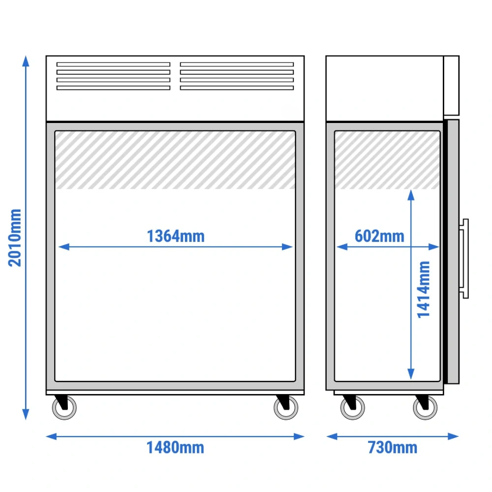 Nerezová mrazicí skříň ECO - GN 2/1 - 1480 mm - 864 l - až -22 °C - s 2 skleněné dveře - Digitální termostat; Vyhřívaný rám; Ventilované chlazení; Automatické odmrazování