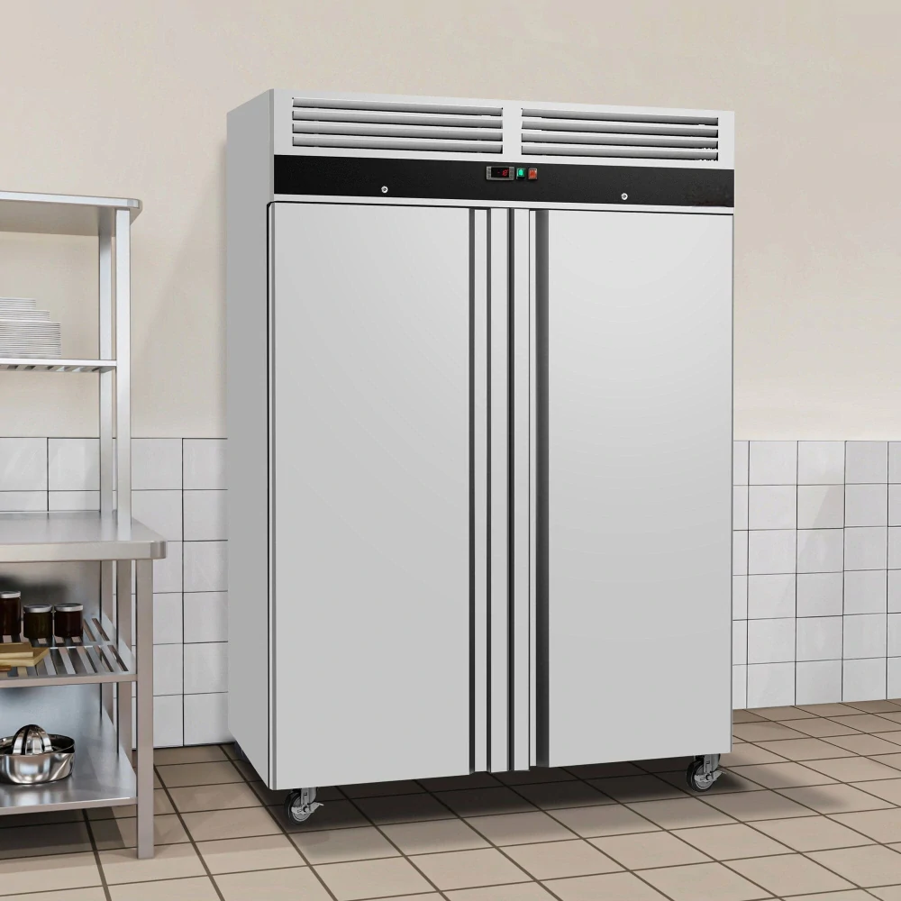 Nerezová mrazicí skříň ECO - GN 2/1 - 1480 mm - 960 l - až -22 °C - s 2 dveře - Digitální termostat; Automatické odmrazování; Ventilované chlazení; Uzamykatelné dveře