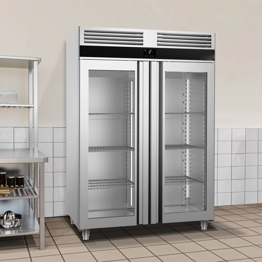 Nerezová chladicí skříň PREMIUM - GN 2/1 - 1 400 l - až +8 °C - s 2 skleněné dveře
