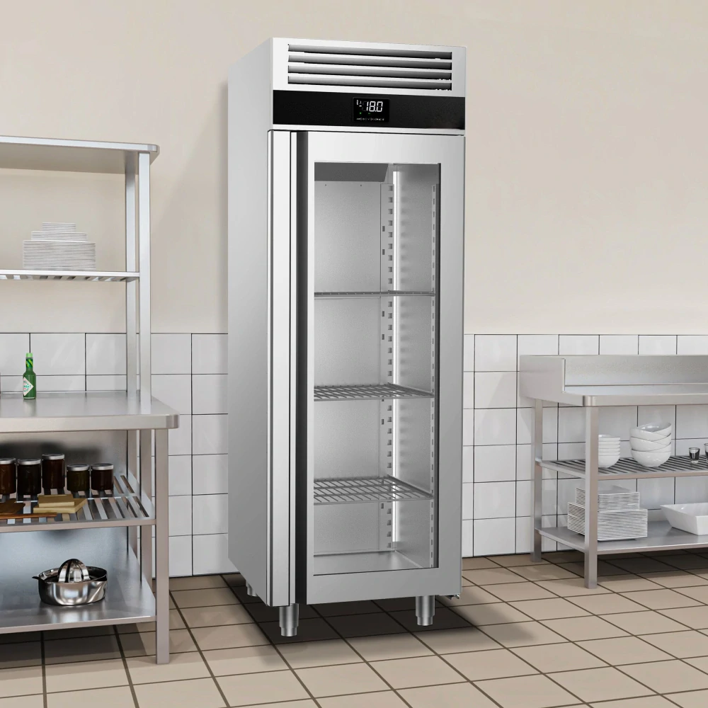 Nerezová mrazicí skříň PREMIUM - GN 2/1 - 700 mm - 700 l - až -20 °C - s 1 skleněné dveře - Digitální termostat; Samozavírací dveře; Automatické odmrazování; Ventilované chlazení