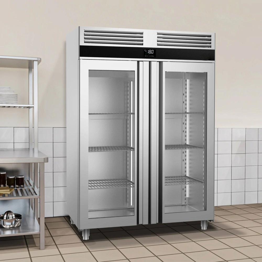 Nerezová mrazicí skříň PREMIUM - GN 2/1 - 1 400 l - až -20 °C - s 2 skleněné dveře - Digitální termostat; Samozavírací dveře; Ventilované chlazení; Automatické odmrazování