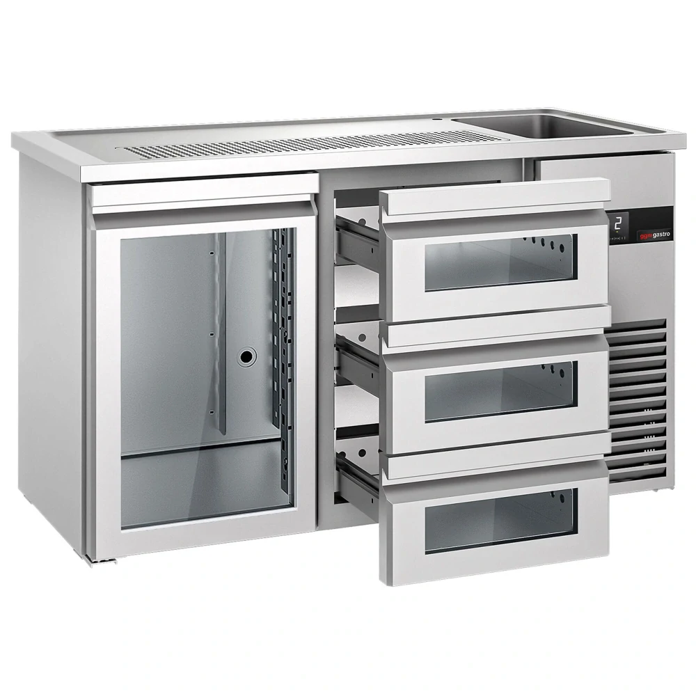 Výčepní pult PREMIUM - 1550x700 mm - 1 skleněné dveře & 3 skleněné zásuvky