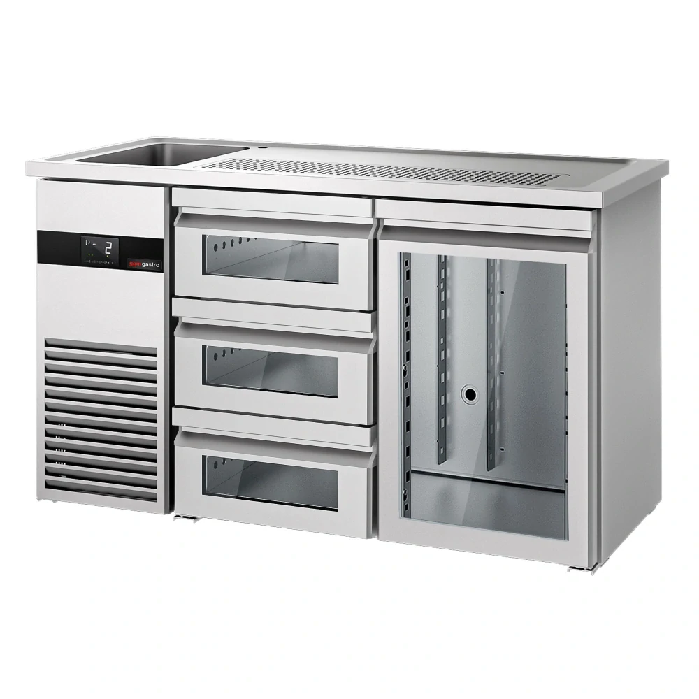 Výčepní pult PREMIUM - 1550x700 mm - 1 skleněné dveře & 3 skleněné zásuvky