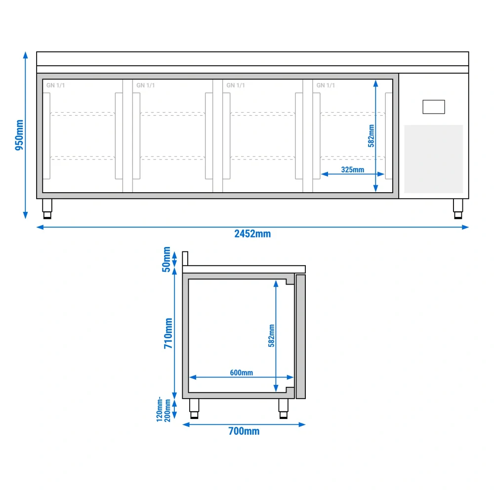 Chladicí stůl PREMIUM PLUS - 2452x700x mm - se 4 dveřmi - se zadním lištou
